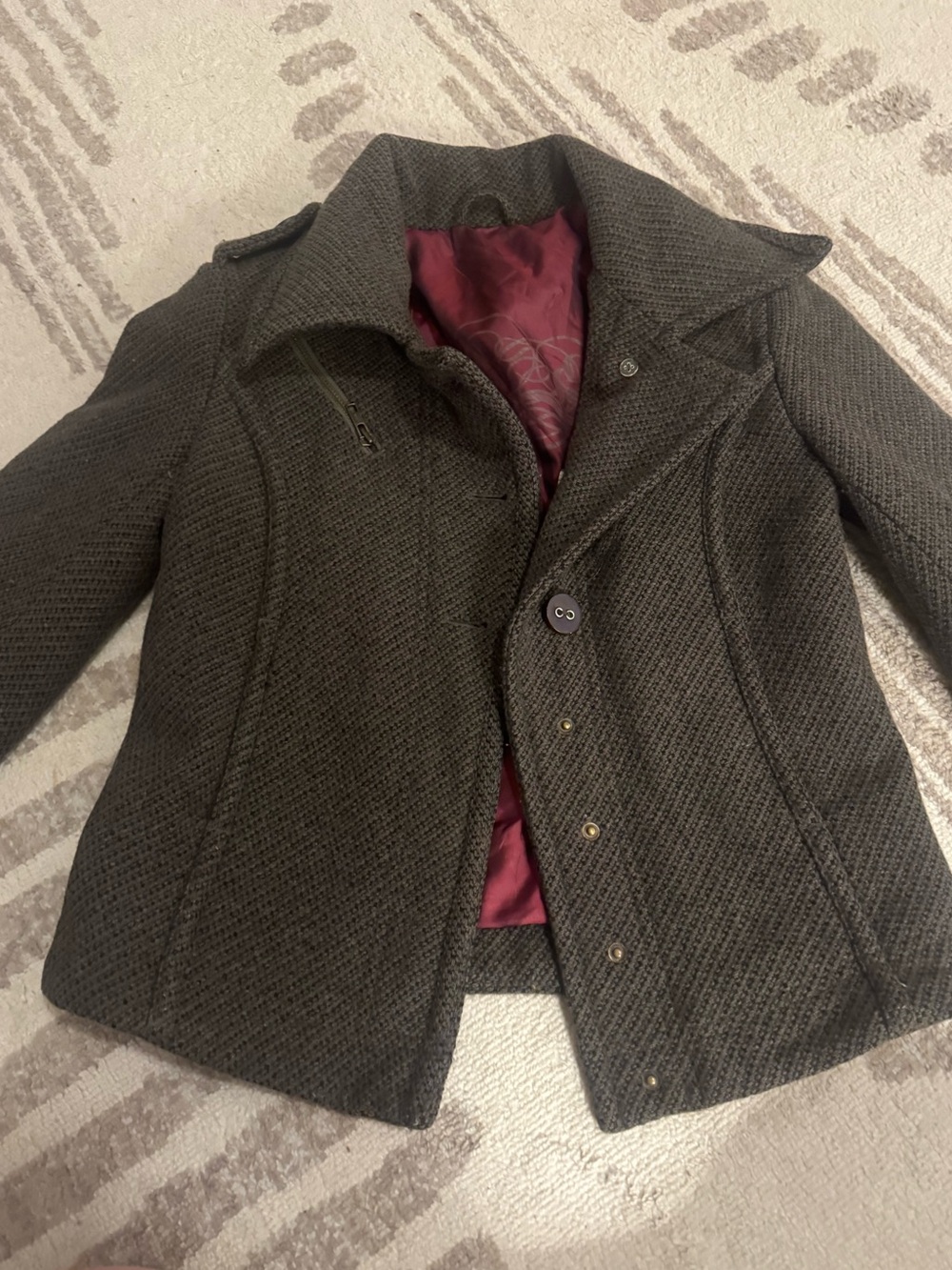 Vintage BKE Olive Textured Peacoat with Burgundy Lining